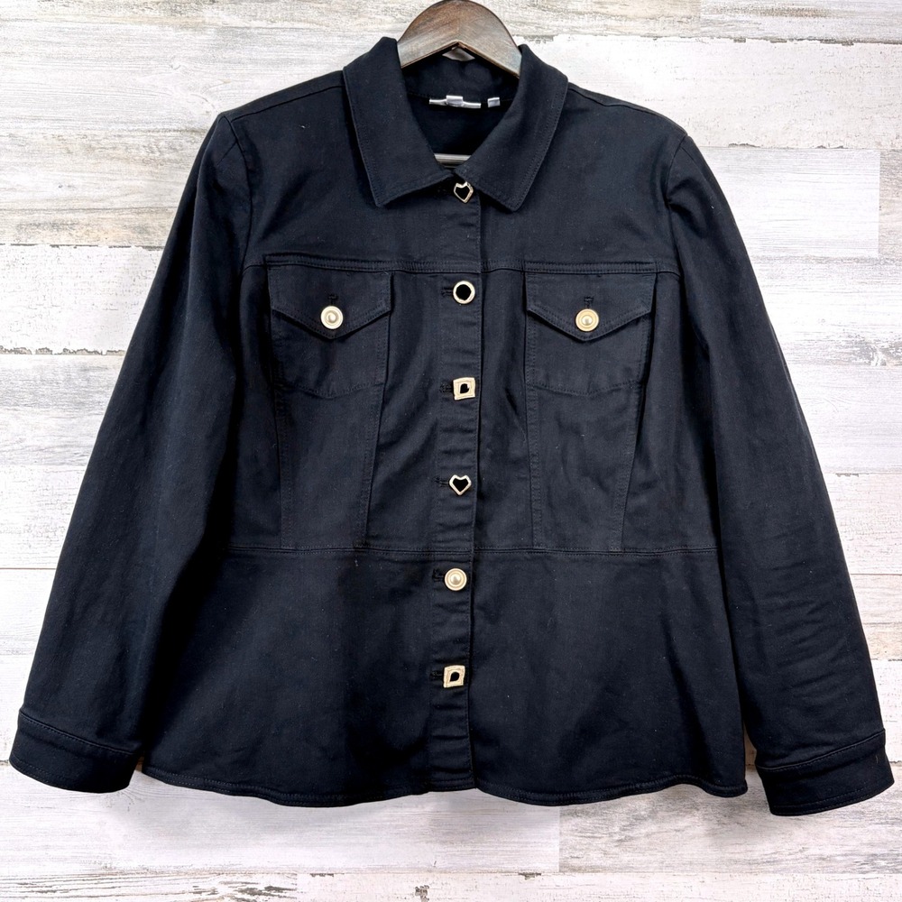 Chico's Jacket Womens XL Black Heart Gold Button Peplum Utility Chic Whimsigoth